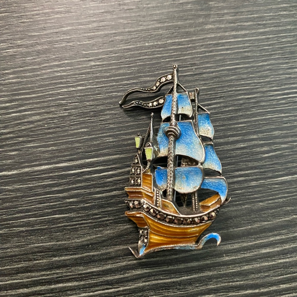 Enamel  sterling silver Sailing Ship Pin Brooch - Blue and Gold Tone